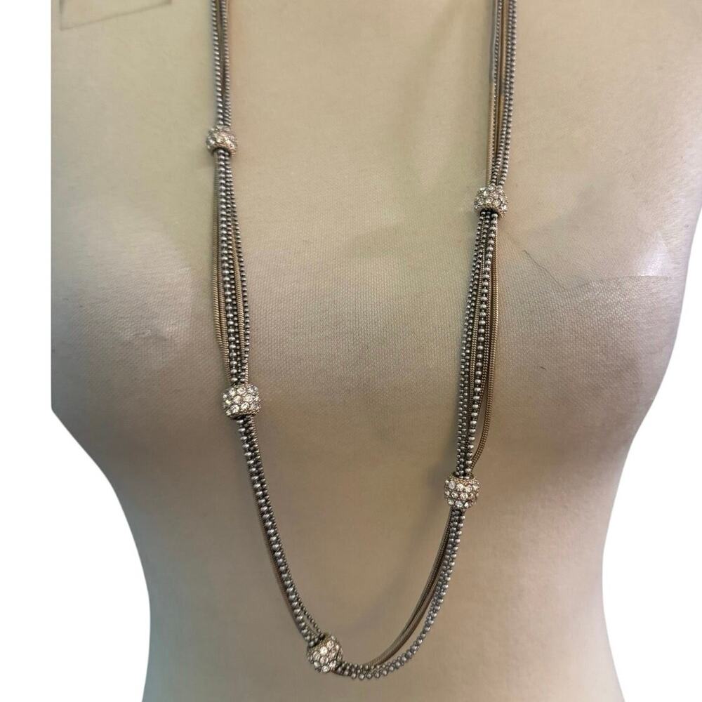 Chico’s Silver Tone Multi-Strand Mesh Chain Necklace with Crystal Accent Beads